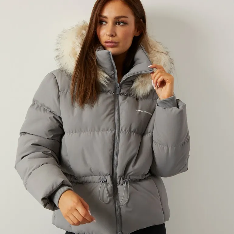 Dame justerbar talje dunjakke med imiteret pels hætte Charcoal
