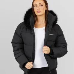 Dame justerbar talje dunjakke med imiteret pels hætte Sort