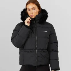 Dame justerbar talje dunjakke med imiteret pels hætte Sort