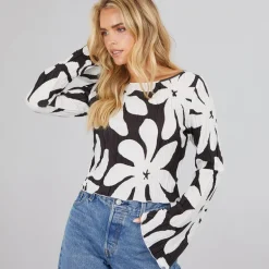 Dame Kendal Langærmet Bådudskæring Flared Top Sort Monokrom Blomst