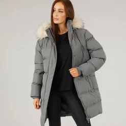 Dame Lang Frakke I Imiteret Pels Med Hætte Skifergrå