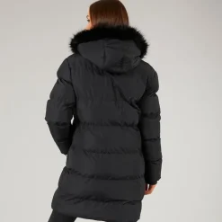 Dame Lang Lang Faux Fur Parka med Hætte Sort