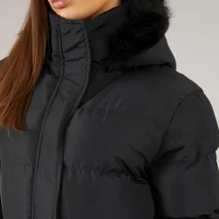 Dame Lang Lang Faux Fur Parka med Hætte Sort