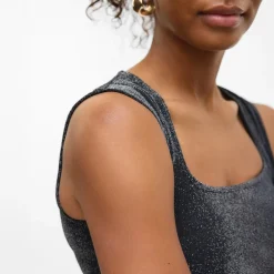 Dame Million Lurex Firkantet Hals Top Sort W Sølv