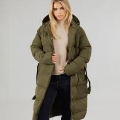 Dame Vindtæt Lang Pufferjakke Khaki