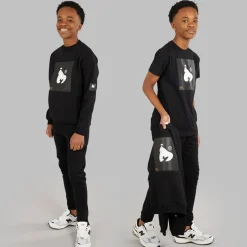 Drenge kombi patch t-shirt sweatshirt og joggingbukser træningssæt Sort