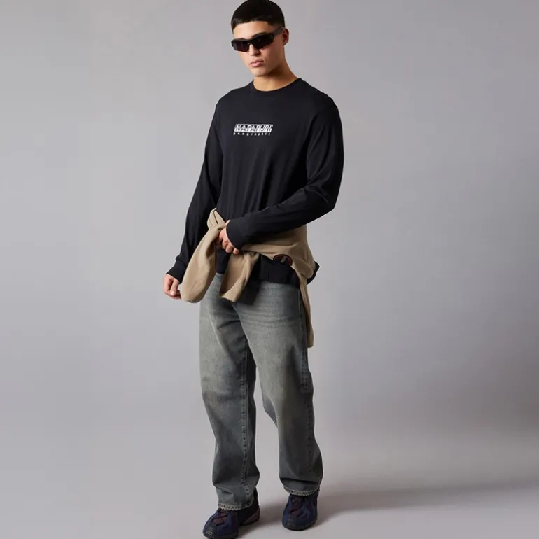 Herre Grid Ryggen Grafisk Langærmet T-shirt Black 041