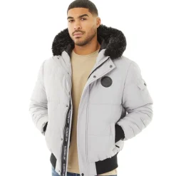 Herre kort dunjakke med pelshætte Isgrå