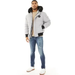 Herre kort dunjakke med pelshætte Isgrå