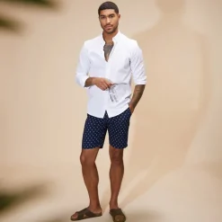 Herre Poplin Stribet Print Resort Shorts Mørkeblå