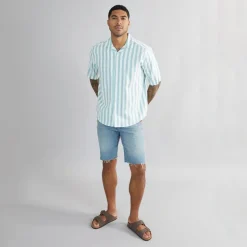 Herre Tes Relax Bomuld Slub Stribet Kortærmet Skjorte Seaspray Stribet