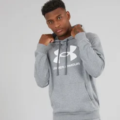 Hættetrøje til Herre UA Rival Fleece Logo Castlerock Lysegrå/​Hvid