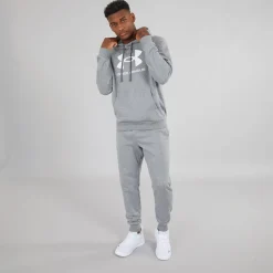 Hættetrøje til Herre UA Rival Fleece Logo Castlerock Lysegrå/Hvid